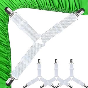 KALANKA-4 Pcs Attache Drap Housse, Tendeur Drap Housse, Attache Sangle De Maintien Ajustable Avec Pinces Métalliques, Porte-Drap-Housse Pour Draps De Lit, Housses De Matelas, Coussins De Canapé (Blan - Neuf