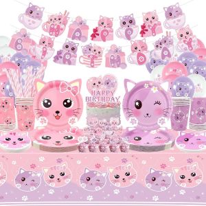 Tianyi-Ensemble De Fournitures De Fête D'anniversaire Pour Chat Comprenant Une Bannière « Happy Birthday », Des Assiettes, Une Nappe, Des Tasses, Des Ballons Et Des Pailles Pour Décorations De Fête P - Neuf