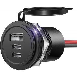 JGD-Aluminium Prise USB 12V Chargeur Camping-Car Voiture 68W 3 Port, PD3.0 USB-C et QC3.0 USB-A, Imperm&eacute;able pour Bateau Marine Camion Caravane (1 Pcs) - Neuf