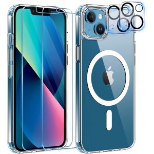 5 in 1 Coque pour iPhone 13 Aimant&iquest;&iquest;e avec 2 Verres Tremp&iquest;&iquest;s et 2 Cam&iquest;&iquest;ra Protecteur, Compatible MagSafe Dos Anti Rayures Coque Magn&iquest;&iquest;tique Antichoc TPU Bumper 6,1&iexcl;&macr;&iexcl;&macr; Case (Transparent) - Neuf