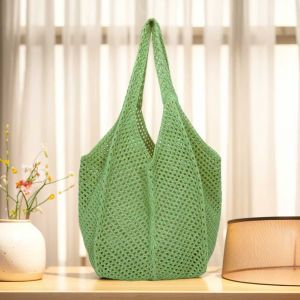 Sac fourre-tout en Crochet pour femmes,sac tricot&eacute; de grande capacit&eacute;,fourre-tout ajour&eacute;,sac &agrave; bandouli&egrave;re tiss&eacute; de couleur unie pour la plage d'&eacute;t&eacute; - Neuf