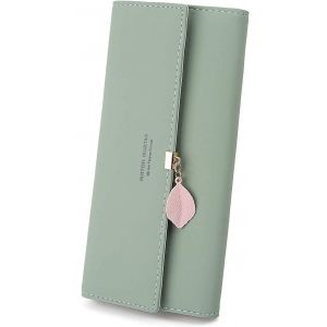 Vert Femmes Long Portefeuille Titulaire de la Carte à Glissière porte-Monnaie avec le Cuir d'unité centrale de Feuilles Pendentif, 10 Fentes pour Cartes de Noël, de la saint-Valentin Cadeau - Neuf