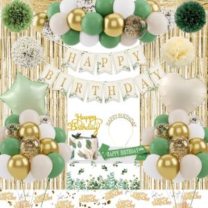 CAUC-Decoration Anniversaire Vert, Ballons Anniversaire Vert Avocat Or, Banderole Joyeux Anniversaire, Anniversaire D&eacute;corations Ballon Vert, Deco Ceinture Diad&egrave;me Anniversaire pour Homme Garcon Fille - Neuf