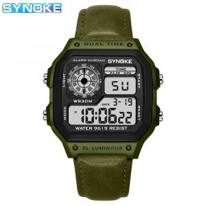 Synoke Ceinture Montre Hommes Sports De Plein Air Multifonctionnel Étanche Led Lumineuse Montre Numérique En Cuir Pu Pour Hommes Rétro Modearmy Green - Neuf