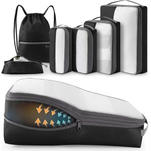 6 Pi&egrave;ces Packing Cubes Compression, Organisateur Val Bagage Sac Compression Organisateur De Voyage Rangement Pour Sac &Agrave; Dos (Noir) - Neuf
