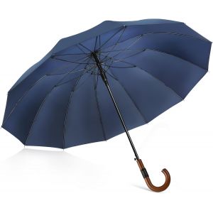 Parapluie Canne 12 C&ocirc;tes,120cm Grand Parapluies Manche Bois,Xxl Ombrelle Solide Tempete R&eacute;sistant 2 Personnes,Umbrella Golf Automatique Homme Femme - Neuf