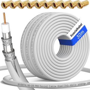 HQ-135 Pro C&acirc;ble Satellite coaxial &agrave; Quadruple Blindage pour installations DVB-S/S2, DVB-C et DVB-T BK avec 10 fiches F plaqu&eacute;es Or 130 DB 30 m - Neuf