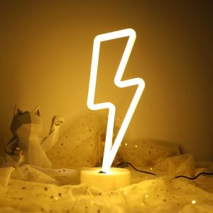 Lumi&egrave;res n&eacute;on &agrave; LED en forme de foudre, aliment&eacute;es par USB - Blanc chaud - D&eacute;coration de table pour salon, bureau, No&euml;l, anniversaire, mariage - Neuf