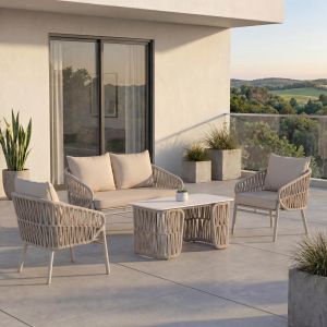 Ensemble De Jardin Hwc-P90, Ensemble Lounge Canap&eacute; Fauteuil Table, Tressage En Corde Tissu/Textile (180 G/M&sup2;)Cr&egrave;me - Neuf