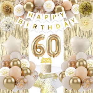 CAUC-Decoration Anniversaire 60 Ans Femme Homme, Blanc Or Ballon 60 Ans Anniversaire,Banni&egrave;re de Joyeux, Confetti Ballons PomPoms en Papier pour 60 ans Femmes R&eacute;utilisable - Neuf