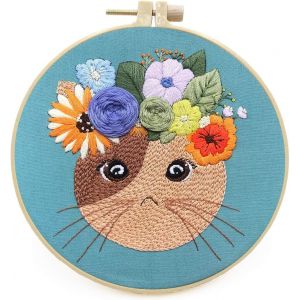 Kit Broderie Pour D&eacute;butants Avec Fils Color&eacute;s, Aiguilles Et Explications - Mod&egrave;les De Chats Imprim&eacute;s Sur Tissu Lavable, Anneau &Agrave; Broder 20 Cm, Id&eacute;al Pour Apprendre La Broderie Main - Neuf