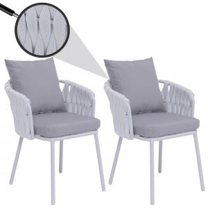 Lot de 2 chaises de salle &agrave; manger en aluminium HWC-P89, chaise d'int&eacute;rieur avec accoudoirs, tissu/textile (180 g/m&sup2;) tressage en cordegris clair - Neuf