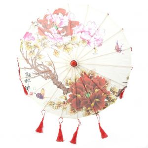 Hjlian Parapluie Decoratif Vintage En Papier Huile Fait A La Main Avec Pompon Pour Photo, Danse, Spectacle, Rouge - Neuf