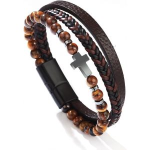 Eryi-Bracelet En Cuir Véritable Pour Hommes,Bracelet Homme,Acier Inoxydable Bracelet Multi Tissé Réglable Noir Ou Marron Cuir Bracelet Pour Les Hommes,Bracelet En Pierre Naturelle Tressée. - Neuf
