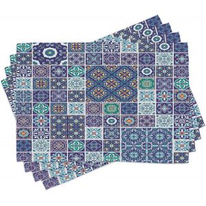SJZG-Ethnique Lot De Sets De Table En 4 Pi&egrave;ces, Carrelage Mosa&iuml;que Traditionnelle, Tissu Lavable Pour Salle &Agrave; Manger Et Cuisine, 30 Cm X 45 Cm, Vert Gris - Neuf