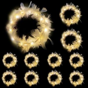 Kal-Couronne De Fleurs Led, 10 Pcs Couronne De Plumes Bandeau, Led Plumes Guirlande Cheveux, Pour Les Femmes Filles Fête De Mariage D'anniversaire Carnaval Noël Halloween Accessoires (Blanc Chaud) - Neuf