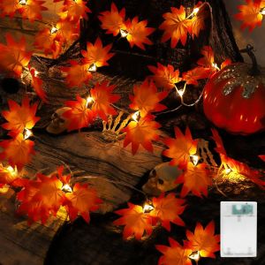 Guirlande Lumineuse Décorative D'automne,Guirlandes De Feuilles Avec Minuterie,20 Led Guirlandes Lumineuses À Piles Pour Fête,Mariage,Thanksgiving,Halloween,Décoration - Neuf