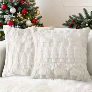 Cauc-Lot De 2 Housses De Coussin No&euml;l 45x45cm Doux Courte Velours Coussin Canape 3d Motif Oreiller Housse Luxe D&eacute;coratifs Salon Chambre Arbre De No&euml;l Et &Eacute;lan-Beige-E - Neuf