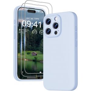 3 En 1 Coque Iphone 15 Pro Max Silicone Liquide - Avec 2 Verre Trempé - Étui Protection Précise De Caméra [Résistant Aux Rayures] [Antidérapant] Iphone 15 Pro Max Case 6.7"", Bleu Ciel - Neuf
