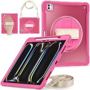 Coque Hybride Renforcée Pour Ipad Pro 13 2024 Avec Poignée Et Sangle - Rose Rouge - Neuf