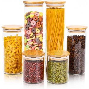 Cmws-Bocaux En Verre Avec Couvercles - 6pcs Bocal En Verre Herm&eacute;tique - Bocaux Rangement Cuisine - Pot En Verre Avec Couvercles En Bambou(1300ml X2, 800 Ml X2, 400ml X2) - Neuf
