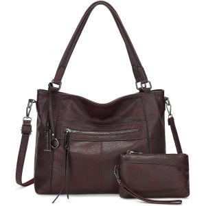 KALANKA-Sac a Main Grand Cuir PU Sac Hobo Sacs Cabas Femme Sacs Bandouli&egrave;re Fourre Tout Messenger et Portefeuille Ensemble pour Travail Shopping Party Voyage Rouge Choco - Neuf