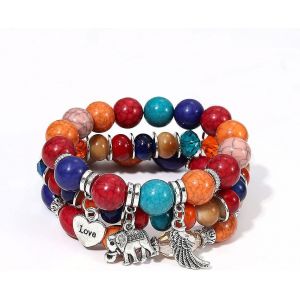 3 Pack Bohemian Elephant Bracelets Multilayer Beads Heart Shape Charm Bracelets - Neuf