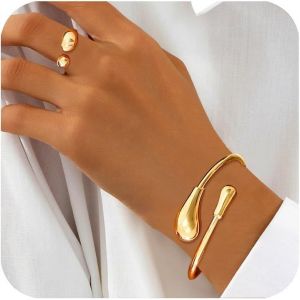Eryi-Bracelets À Manchette Or Bague Or Pour Femme, Bracelet Ouvert Manchette Large Bracelet Manchette Réglable Bagues Ouvert Bague Ensemble Bracelets Bagues Pour Femme Fille - Neuf