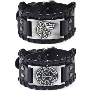 Kal-Bracelet Nordique 2 Pièces, Bracelet En Cuir Tressé Fait À La Main, Bracelet Manchette Large Tête De Loup, Bracelet De Bijoux Boussole Runique, Bracelet Vintage Pour Femmes Hommes - Neuf