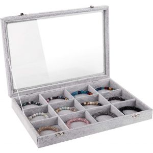 Tianyi-Organisateur De Bijoux, 12 Grilles Boîte De Rangement Avec Couvercle En Velours, Coffret Porte-Bijoux Bijoux Stockage Pour Montre Anneaux Boucles D'oreilles Bracelet ¿ Gris - Neuf
