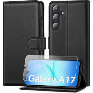 KALANKA-Coque pour Samsung Galaxy A17 avec Verre Tremp&eacute;, &eacute;tui Cuir PU Magn&eacute;tique [ Pochette de Portefeuille ], Housse de Fonction Stand Video Porte Carte Credit &agrave; Rabat pour Samsung A17 5G/4G - Noir - Neuf