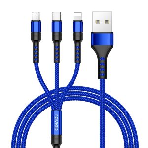 Thef-Câble Multi Usb, 3 En 1 Câble Universel [1.2m] Multi Usb Câble De Chargement En Nylon Avec Micro Usb Type C Lightning Câble Pour Iphone, Samsung Galaxy, Huawei, Honor, Oneplus- Bleu - Neuf