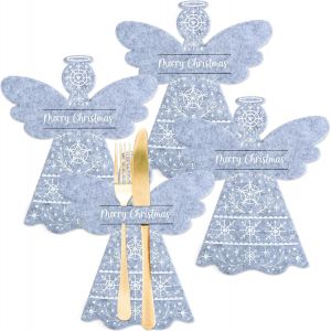 Lot De 4 Porte-Couverts En Feutre-Motif Ange-Couleur : Gris Avec Impression De Qualit&eacute; Sup&eacute;rieure-D&eacute;coration De No&euml;l-D&eacute;coration De Table Festive-8 - Neuf
