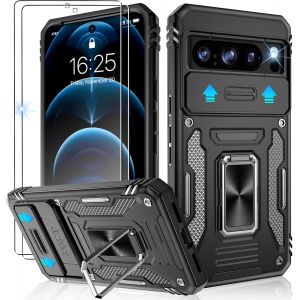 LORANKA-Lot de 2 coques pour Google Pixel 8 Pro avec protecteur d'&eacute;cran et protection d'appareil photo coulissante, de qualit&eacute; militaire, r&eacute;sistantes aux chocs, avec anneau de support, noir - Neuf