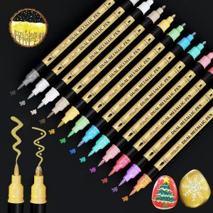 Stylo En M&eacute;tal, 12 Couleurs Double Pointes Marqueur En M&eacute;tal Set Pour Album Photo, Pour Bricolage, Livre D'or, Bricolage Scrapbooking, Pour La Peinture C&eacute;ramique, Verre, Pierre, D&eacute;coration En Bois - Neuf