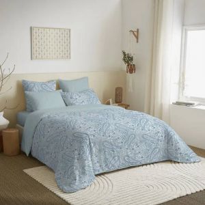 Pack Complet Housse De Couette - Cachemire Bleu - 6 Pi&egrave;ces - 100% Coton - King Size - Lavable En Machine - Neuf