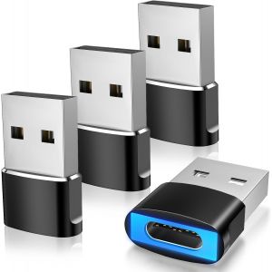 KALANKA-Adaptateur USB vers USB C avec Lumi&egrave;re LED, Convertisseur USB A vers C &agrave; Charge Rapide, 4 Pack Type C Femelle vers USB M&acirc;le pour iPhone 15/16 Pro Max Plus,AirPods,iPad,Galaxy, CarPlay, Noir - Neuf