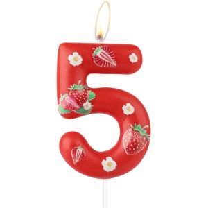 Bougies d'anniversaire en forme de fraise,décorations de 5e anniversaire,bougies rouges en forme de chiffre 5 pour gâteaux,décorations de 5e anniversaire pour filles et garçons,fournitures - Neuf