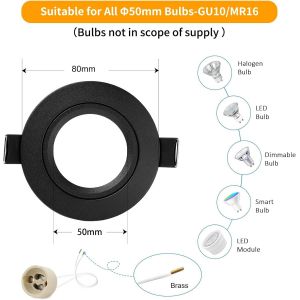 TIANYI-Spot LED Encastrable 230V Cadre Avec Douille GU10, Spots de plafond en Aluminium Noir, Rond plat Spots Salle de bain spot cadre d'encastrement 68mm pour GU1O/MR16 Lot de 6 - Neuf