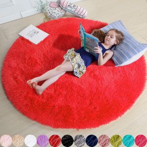 Sjzg-Tapis Rond &Agrave; Poils Longs Pour Chambre &Agrave; Coucher, Chambre D`Enfant Ou Dortoir, Tapis Pelucheux Et Moelleux, D&eacute;coration Mignonne Pour B&eacute;b&eacute;/Adolescente, 1,2 X 1,2 M, Rouge - Neuf