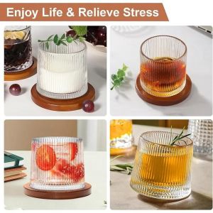 2 Verres &Agrave; Eau Rotatifs Verre &Agrave; Whisky De 275ml Avec Sous-Verres En Bambou - Neuf