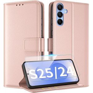 KAL-Coque Pour Samsung Galaxy S25 5G / S24 5G Coque Etui Avec Verre Tremp&eacute; Porte Carte &Agrave; Rabat Clapet Portefeuille Cuir Pochette Antichoc Flip Case &Eacute;tui Cover Housse Protection Coque,Or Rose - Neuf