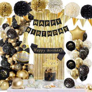 Decoration Anniversaire Noir et Or Ballons D&iquest;&iquest;corations Kit avec Banderole Joyeux Anniversaire Pom Poms Confetti Echarpe Rideau pour Homme Femme - Neuf