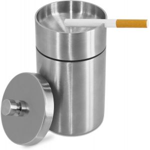 Cendrier d'extérieur en acier inoxydable avec couvercle, imperméable et coupe-vent, facile à nettoyer, convient pour l'extérieur, argenté - Neuf