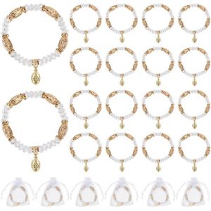 Kal-24 Pcs Bracelet Chapelet En Vrac Avec Sacs En Maille, Bracelet Chapelet Extensible En Perles De Cristal De Perles De Bapt&ecirc;me Avec Breloques Tib&eacute;taines Pour Bijoux De Foi Cadeaux, Or - Neuf