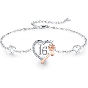 13th/15th/16th/18th/21st/30th/40th/50th/75th/80th Bracelet D'anniversaire Personnalisé En Argent Sterling 925 Avec Roses Et C?ur Chiffre Cadeau D'anniversaire Pour Filles Femmes Filles.., 16th - Neuf