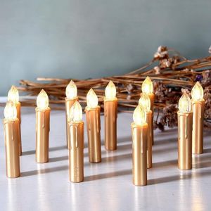 Bougies dorées sans flamme et sans fil, bougies LED pour sapin de Noël avec télécommande et attaches détachables, bougies scintillantes à piles et télécommande pour décoration de Noël intérieure - Neuf