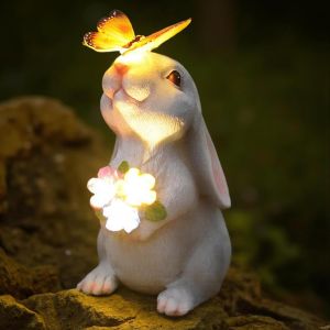 MEVRONISSHOP-Statue de lapin solaire - D&eacute;coration ext&eacute;rieure - Figurine de lapin &agrave; &eacute;nergie solaire &eacute;tanche avec lumi&egrave;res papillon et fleurs pour jardin, terrasse, balcon, cour - Cadeau unique pour le - Neuf