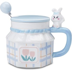 Eryi-Tasse Lapin Mignon Avec Couvercle Et Cuillère, Mug Personnalisé Hexagonal Créatif, Motif Tulipe, Cadeau Original 350ml (Bleu) - Neuf