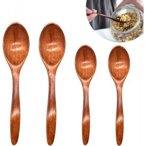 Kal-Cuillere En Bois Set De 4, Cuillere A Cafe En Bois Naturel Cuillère Thé Bois Cuillere Bois Fait À La Main Petite Cuillere En Bois Thé Café Miel Sucre Assaisonnement Soupe Riz Fouetté (14cm+18cm) - Neuf